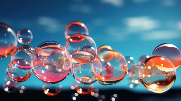 Minimalismus bunte Seifenblasen isoliert auf himmelblauem Hintergrund im mehrdimensionalen Stil