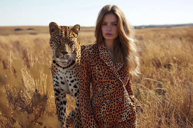 Foto minimalismus eine frau in einem leoparden-druckanzug steht neben einem leoparden