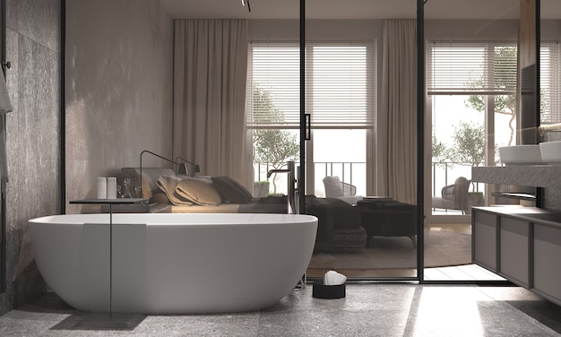 Minimalismus modernes Interieur Badezimmer mit Badewanne und Glastrennwand trennt Schlafzimmer vom Badezimmer. 3D-Rendering.