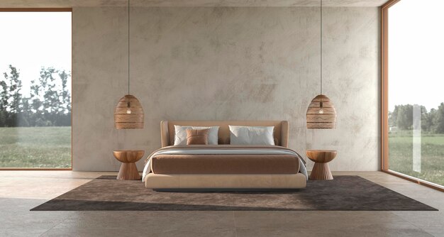 Minimalismus, modernes Schlafzimmer-Interieur, skandinavisches Design mit Stuckwand-Mockup