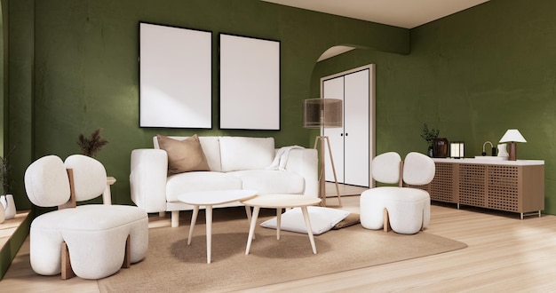 Minimalist Green Living Room estilo muji Diseño de interiores con sofá wabisabi y decoración Japandi 3D rendering