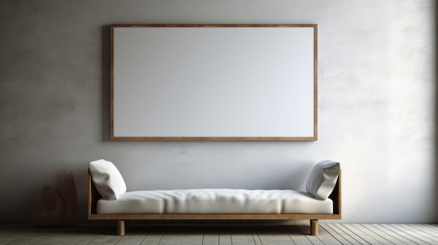 Minimalista arte japonés inspirado en renderización 3D de sofá blanco y marco vacío