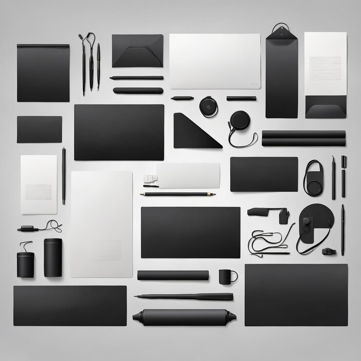 Foto minimalista black banner e sticker set gráficos vetoriais elegantes para marca e promoção