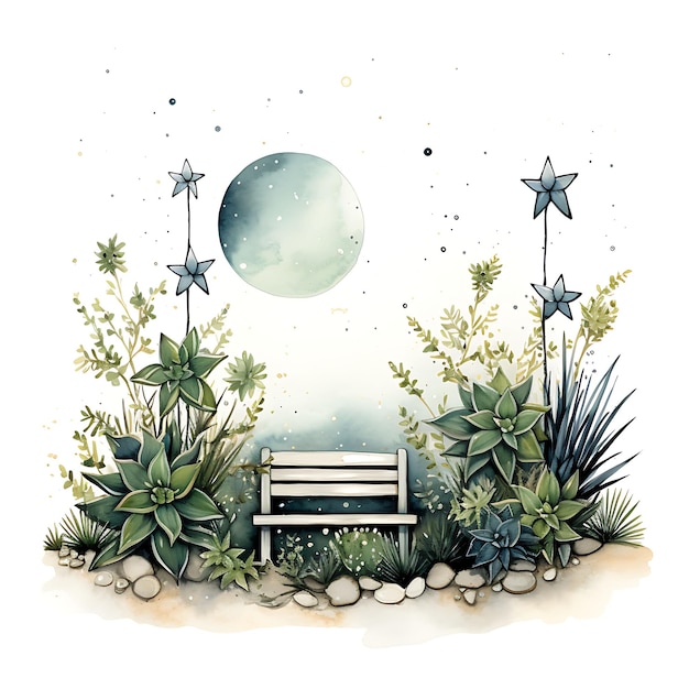 Minimalista jardín de la noche estrellada Minimalista plantas como la hierba acogedora acuarela de la naturaleza decorativa