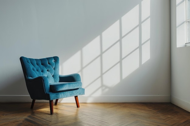 Minimalista poltrona azul de luxo em sala de estar espaçosa