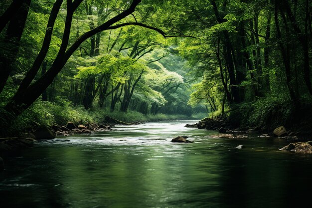 minimalista sereno pacífico río verde bosque naturaleza paisaje vegetación tranquilidad al aire libre