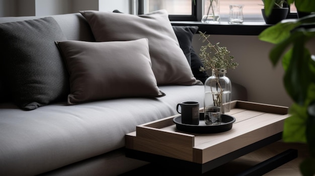 Minimalista sofá camas cena com bandeja de almofadas na mesa