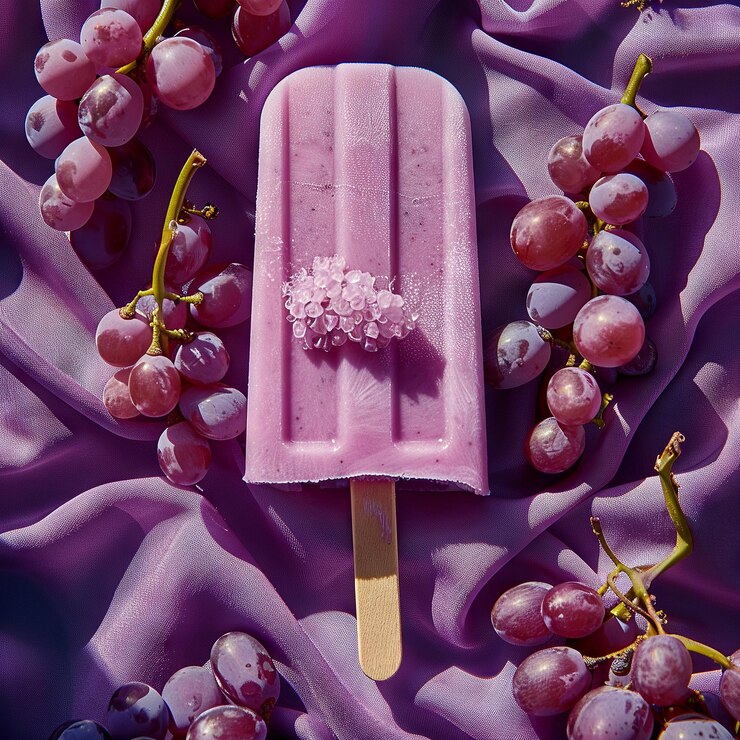Foto minimalista topview popsicle de uva com metades em pano roxo