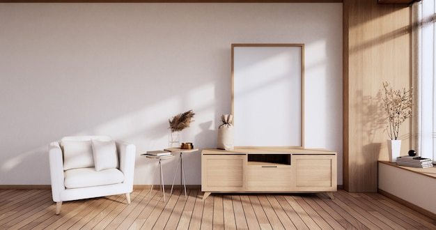 Minimalistisch - Modernes Zimmerinterieur mit Cabinet-TV und Sessel, Pflanzen, Lampe, Dekorationen. 3D-Rendering