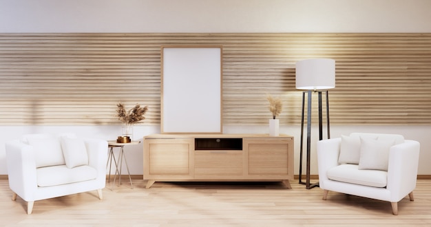 Minimalistisch - Modernes Zimmerinterieur mit Cabinet-TV und Sessel, Pflanzen, Lampe, Dekorationen. 3D-Rendering