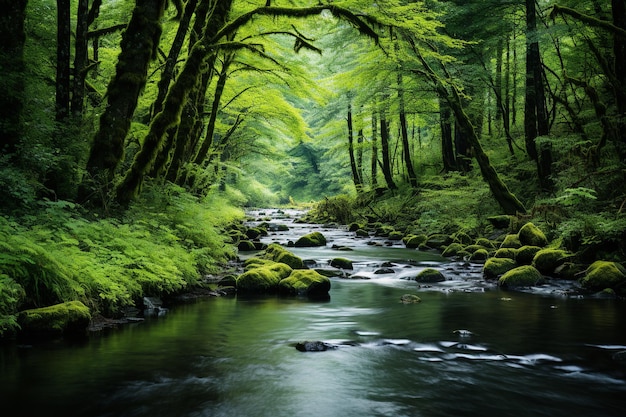 Foto minimalistisch ruhig friedlicher fluss grüner wald natur landschaft grünheit ruhe außen