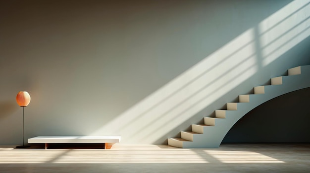 Minimalistische Architekturszene, die die Eleganz einer einzelnen weißen Treppe vor einem Hintergrund aus neutralen Tönen und natürlichem Licht zeigt. Generative KI