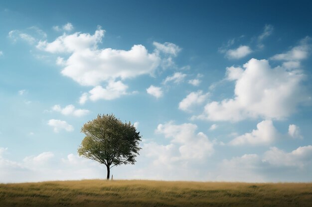 Minimalistische Aufnahme einer Naturszene mit einem einzelnen Baum, einem blauen Himmel und weißen Wolken, die von der KI erzeugt wurden