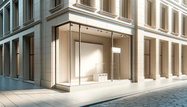 Minimalistische Boutique-Fassade mit großer Mockup-Fensteranzeige auf sonniger Stadtstraße Mode- und Designkonzept Generative KI