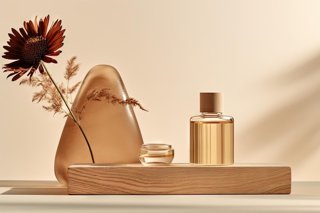 Minimalistische Branding-Szene mit einer Herbstvitrine mit Holzpodium, natürlichem Laub und einem gl