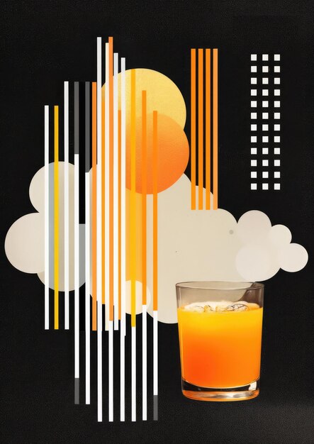 Foto minimalistische collage aus barcode-aufkleberwolke über cocktail in den farben orange, schwarz und weiß