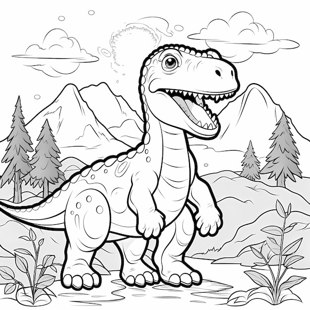 Minimalistische Dinosaurier-Abenteuer Malbuchseite mit Naturelementen