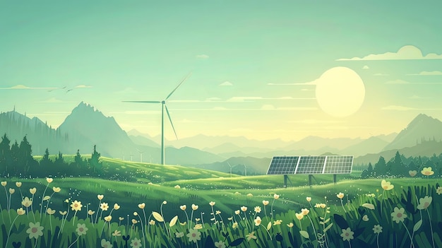 Minimalistische flache Illustration von Solarpanel und Windturbine für erneuerbare Energie