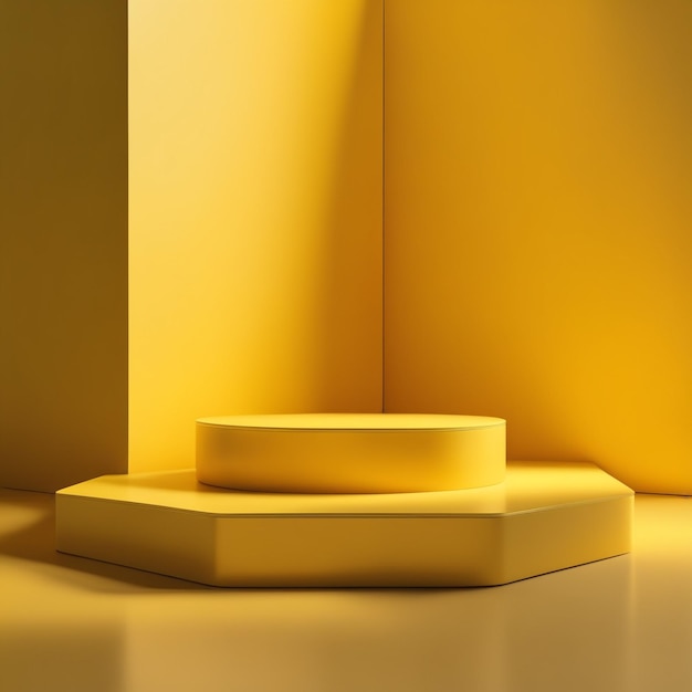 Minimalistische Fotoszene mit 3D-Podium in gelber Farbe, 3D-Rendering-Standhintergrund für Produkte