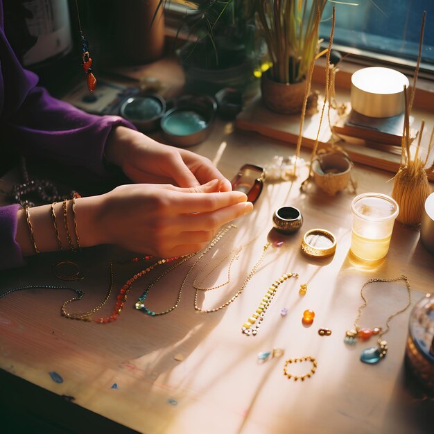 minimalistische goldene Schmuckstücke auf einem Workshop-Tisch-Halskette