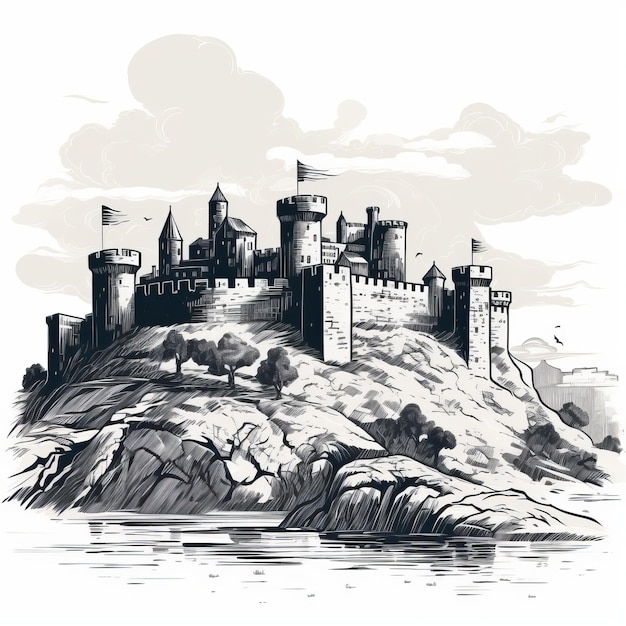 Minimalistische handgezeichnete Vektorillustration einer monochromen Festung