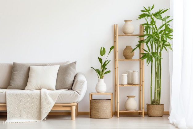 Minimalistische Heimdekoration aus Bambus in einem sauberen, aufgeräumten Raum