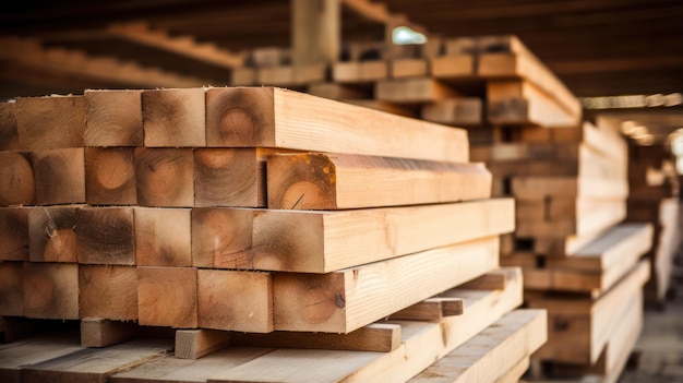 Minimalistische Holzbretter in der Holzmühle in einer von der KI generierten Scheune