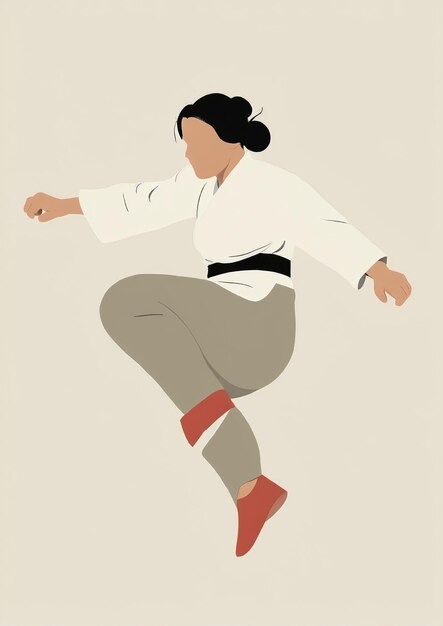 Foto minimalistische illustration eine frau in karate-ausrüstung tritt