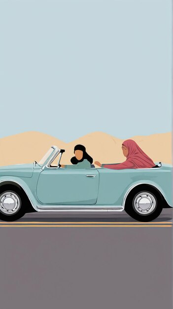 Foto minimalistische illustration einer frau, die ein auto auf der straße fährt