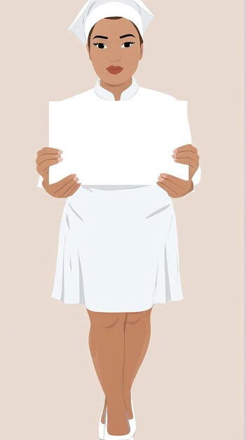 Foto minimalistische illustration einer frau in einem weißen kleid, die ein stück papier hält