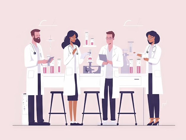 Minimalistische Illustration Teamarbeit Eine Gruppe von Ärzten und Krankenschwestern arbeitet im Labor
