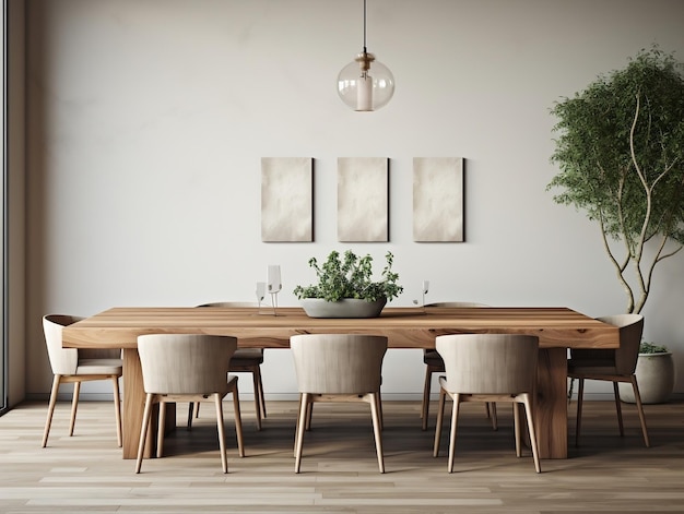 Minimalistische Innenarchitektur eines modernen Esszimmers mit Tisch und Stühlen aus Holz