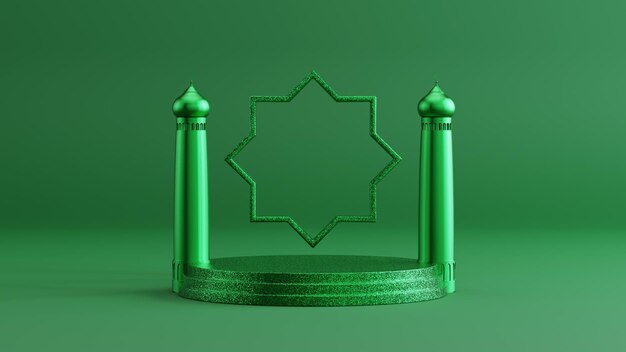 Minimalistische islamische podiumsanzeige mit grüner monochromer farbe 3d-rendering