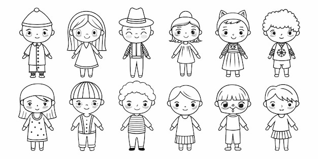 Minimalistische Kinderillustration mit verschiedenen spielerischen und charmanten Outfits