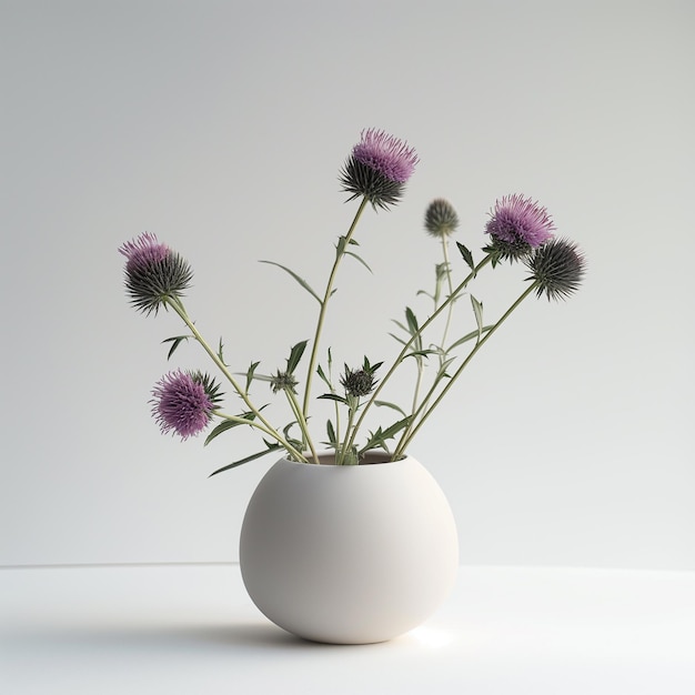 Minimalistische Komposition mit einer kugelförmigen weißen Vase, die lila Distelblumen auf einem nahtlosen Gra enthält