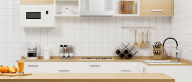 Minimalistische Küche Innenraum im Hintergrund mit Nahaufnahme Holz Esstisch 3D-Rendering