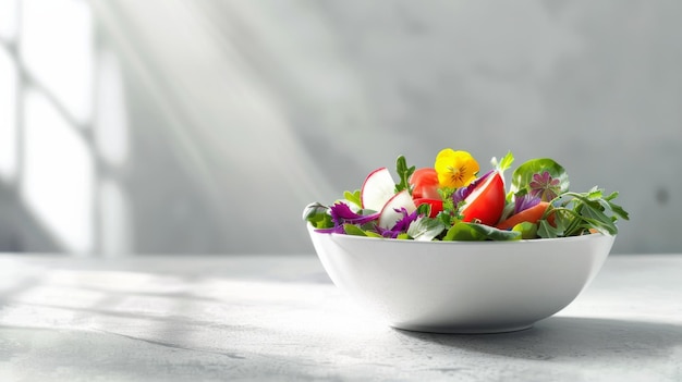 Minimalistische Küchenplatte mit eleganter farbenfroher Salatschüssel