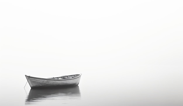 Minimalistische Landschaft mit einem kleinen Holzboot, isoliert im Wasser mit viel Nebel, den die KI erzeugt