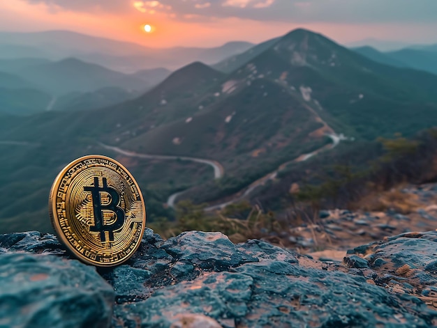 Minimalistische Landschaftswandpapier mit Bitcoin gegen eine S-Illustration Crypto Trading Backgroundi