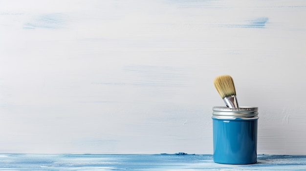 Minimalistische Malerei mit einer silbernen Dose hellblauer Farbe und einem sauberen Pinsel auf einem modernen weißen Tisch mit weichen Schatten