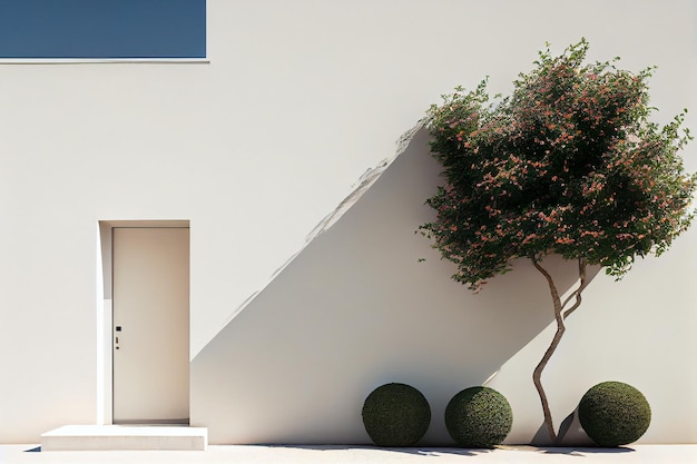 Minimalistische mediterrane Wand und Pflanze Außenarchitektur Baum in Wand- und Türnähe Generative Ai