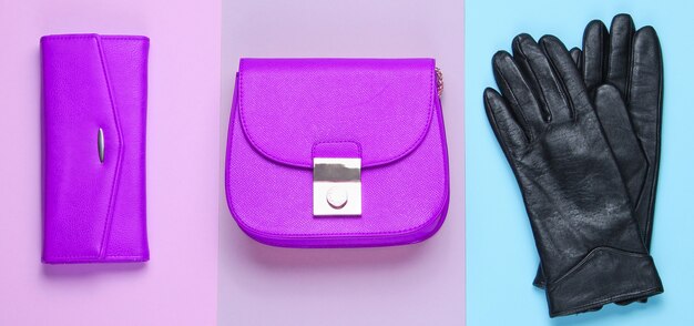 Minimalistische Mode. Trendige Accessoires für Frauen auf Pastellhintergrund. Lederhandtasche, Tasche, Handschuhe. Draufsicht