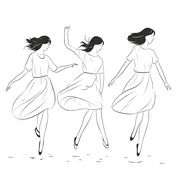 Minimalistische OneLine-Zeichnung von Mädchen, die im kontinuierlichen Linienstil auf weißem Hintergrund springen