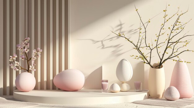 minimalistische Osterkomposition im minimalistischen Stil mit Podium und dekorativer Wand