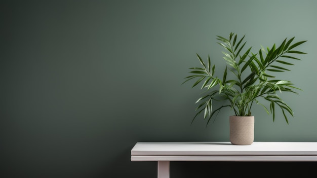 Minimalistische Pflanzen Szene Kleine Pflanze auf dem Tisch mit grüner Wandhintergrund