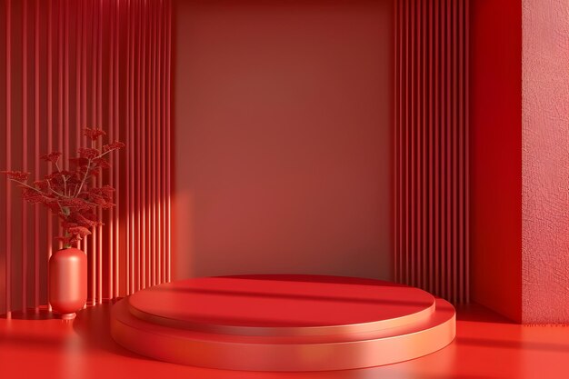 Minimalistische rote Podiumsbühne für die D-Produktpräsentation in einer modernen Studio-Szene
