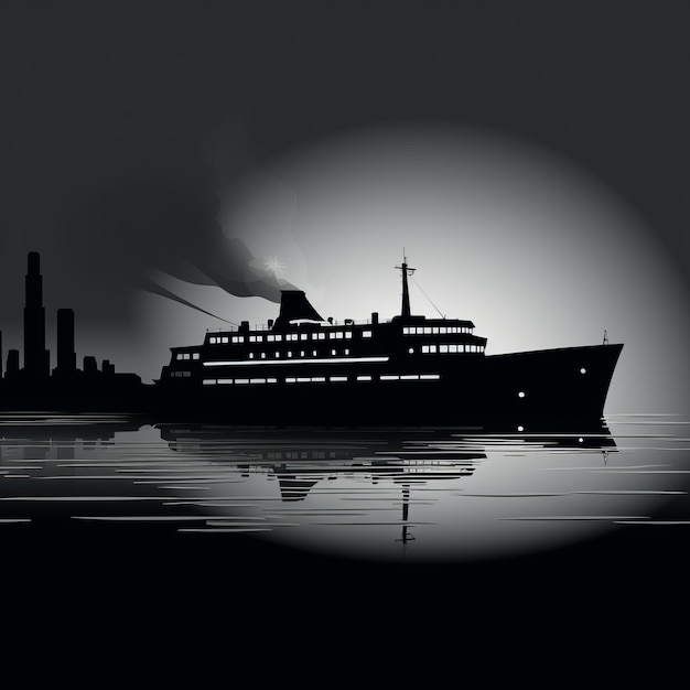 Minimalistische Schwarz-Weiß-Stadtschiff-Silhouette bei Nacht