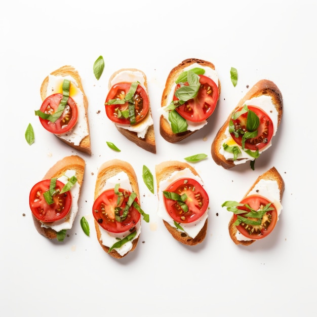 Minimalistische Sicht von oben auf eine isolierte Margherita Bruschetta