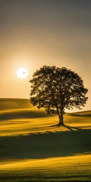 Minimalistische Sommerlandschaft, die sich unter der hellen Sonne sonnt, spärliche Bäume am Horizont, klarer blauer Himmel