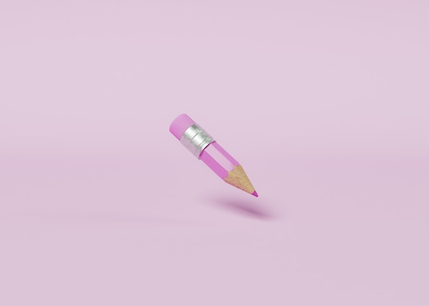 Minimalistische Szene eines rosa Bleistifts, der in der Luft aufgehängt ist. Pastellfarbe. Konzept der Bildung und zurück zur Schule. 3D-Rendering